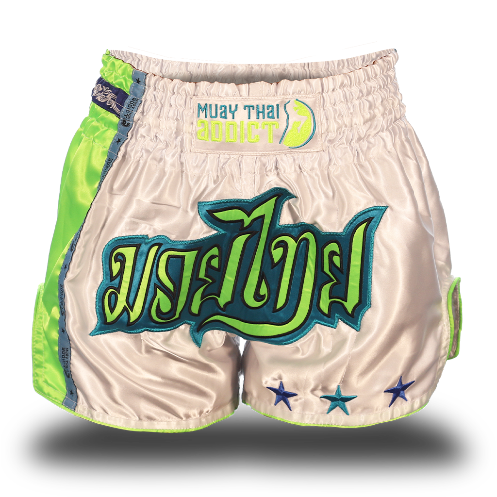 White and Neon Green Single Panel Stars Muay Thai Shorts