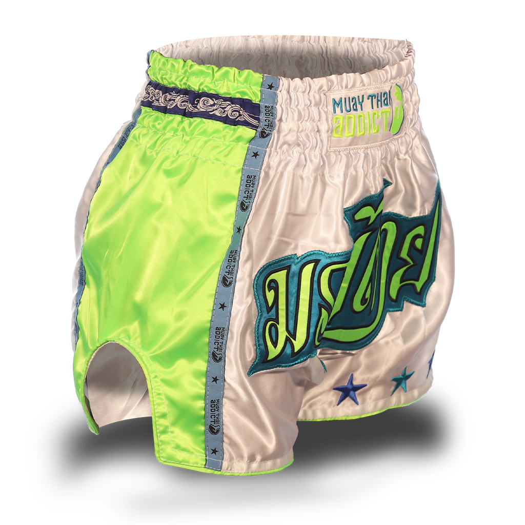 White and Neon Green Single Panel Stars Muay Thai Shorts