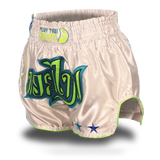 White and Neon Green Single Panel Stars Muay Thai Shorts