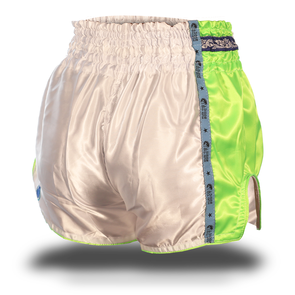 White and Neon Green Single Panel Stars Muay Thai Shorts