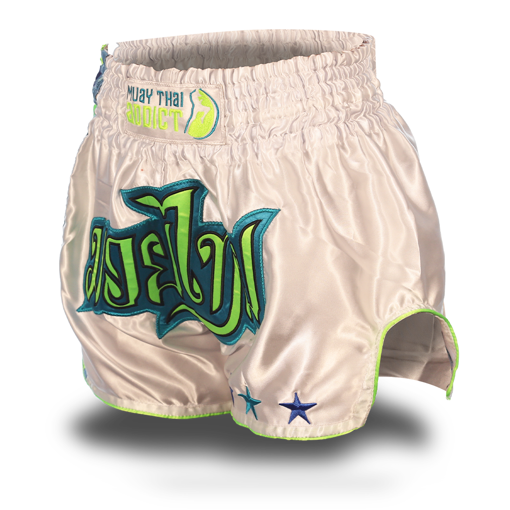 White and Neon Green Single Panel Stars Muay Thai Shorts